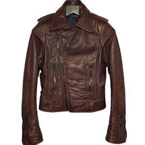 VTG Balenciaga '09 Brown Leather Moto Biker Jacket FR 38 XS Asymmetrical Zip